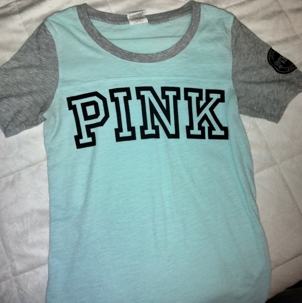 Victoria Secret Pink t-shirt, light blue with gray sleeves, XS, used
